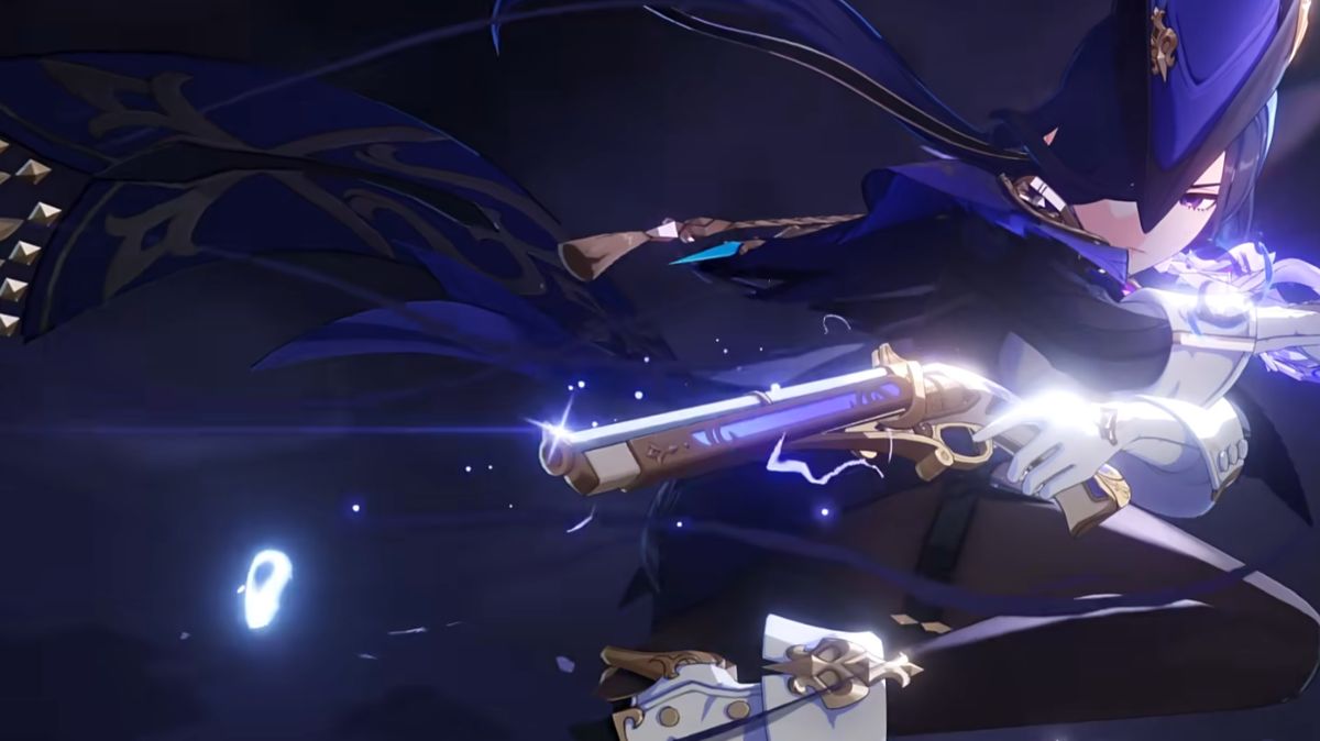 克洛琳德角色演示截图，身着黑色长风衣在雨夜中持枪跃起，雷光闪烁，动作凌厉，展现决斗代理人的飒爽英姿