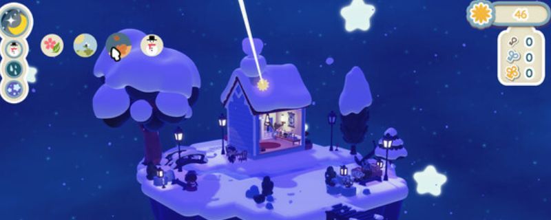 《汀可镇》游戏画面截图，展示了一个梦幻般的小村庄，房屋点缀着温暖灯光，周围环绕着星空与萤火虫，整体氛围宁静而治愈