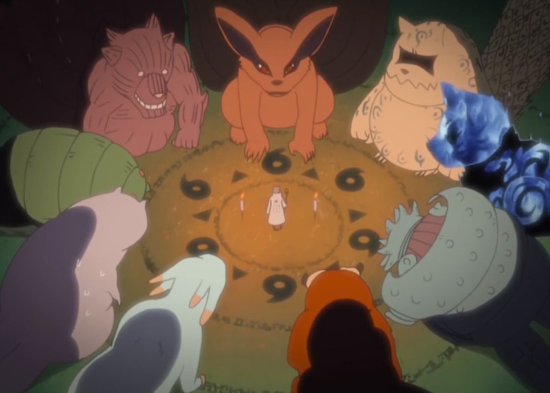 九尾妖狐在木叶村狂暴破坏的震撼场景，火焰冲天，建筑倒塌，天空被染成赤红色