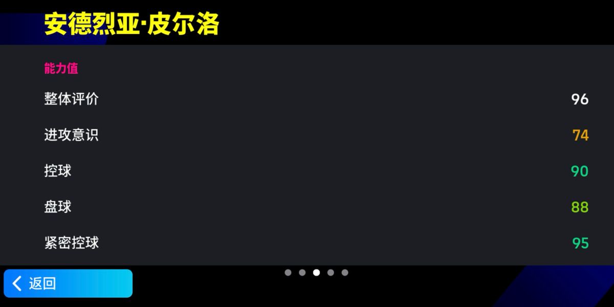 游戏内皮尔洛球员卡面展示，身穿经典黑白球衣，数据面板显示高评分