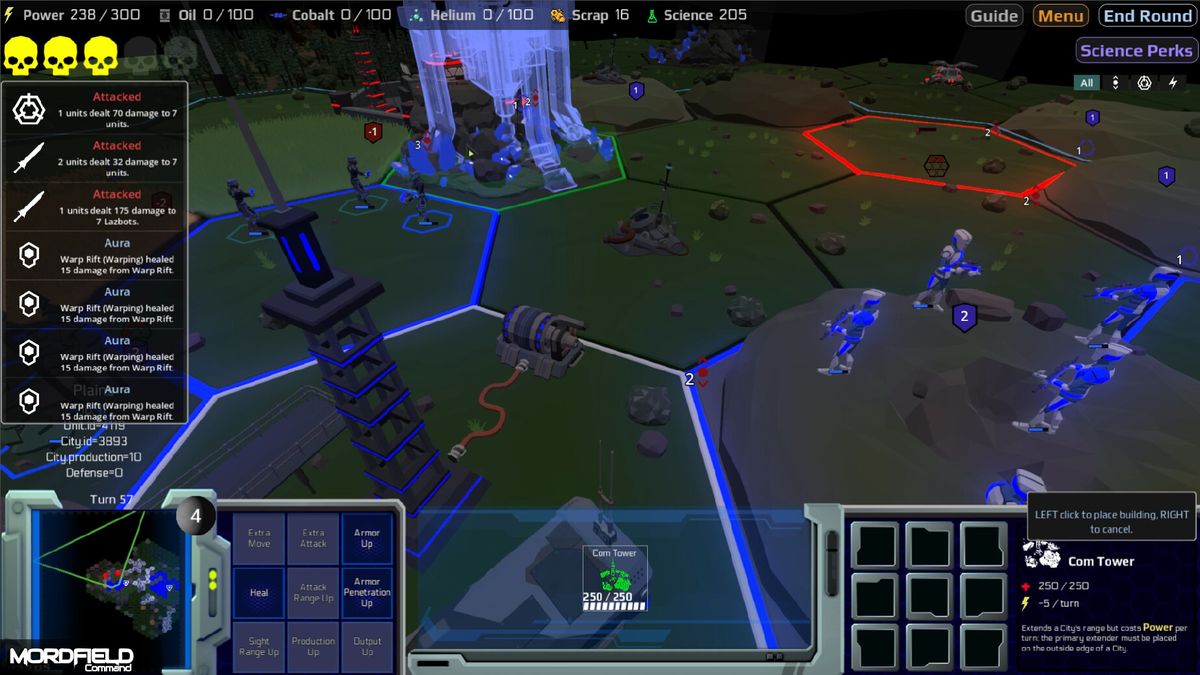 战斗场景截图，显示玩家部队在复杂城市废墟中与机械单位激烈交火