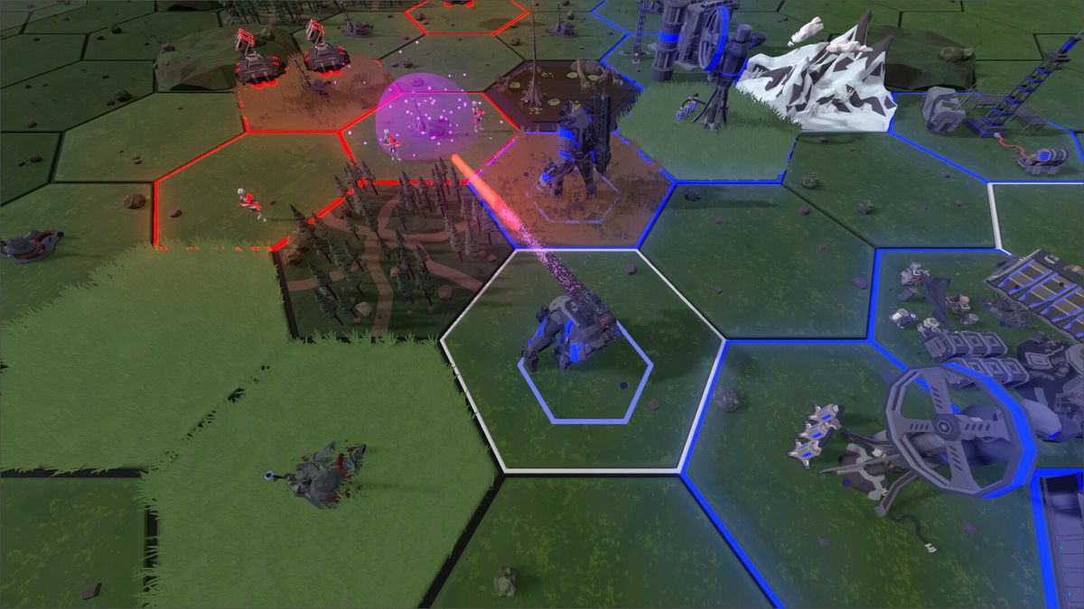 夜间视角下的基地防御战，炮塔闪烁火光，抵御成群逼近的机械敌人