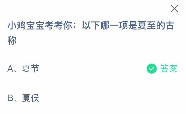 蚂蚁庄园答题结果页面，展示正确答案为‘夏节’，并附有夏至节俗的文字解析