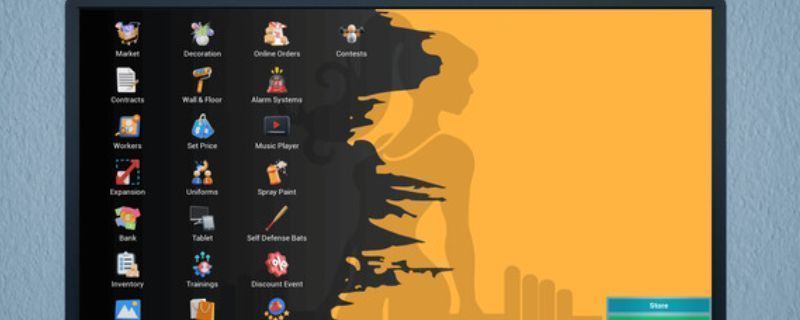 《体育用品商店》游戏主界面展示，店内陈列各类运动器材，角色站在收银台后准备接待顾客