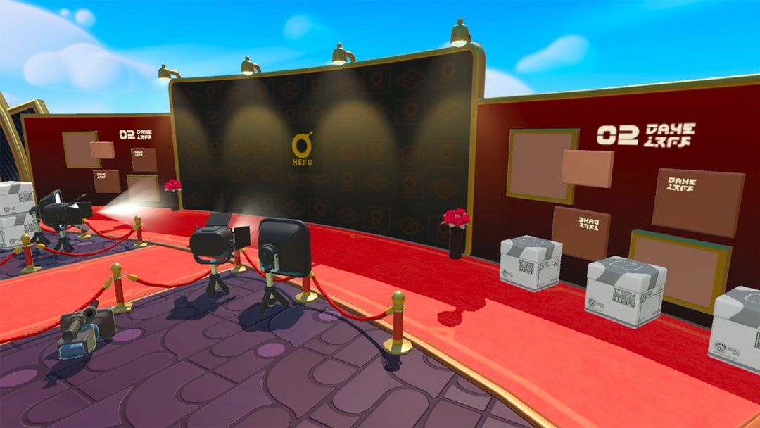 巨型打卡墙前，蛋仔们合影留念，墙上刻有‘世纪圆舞会’艺术字样