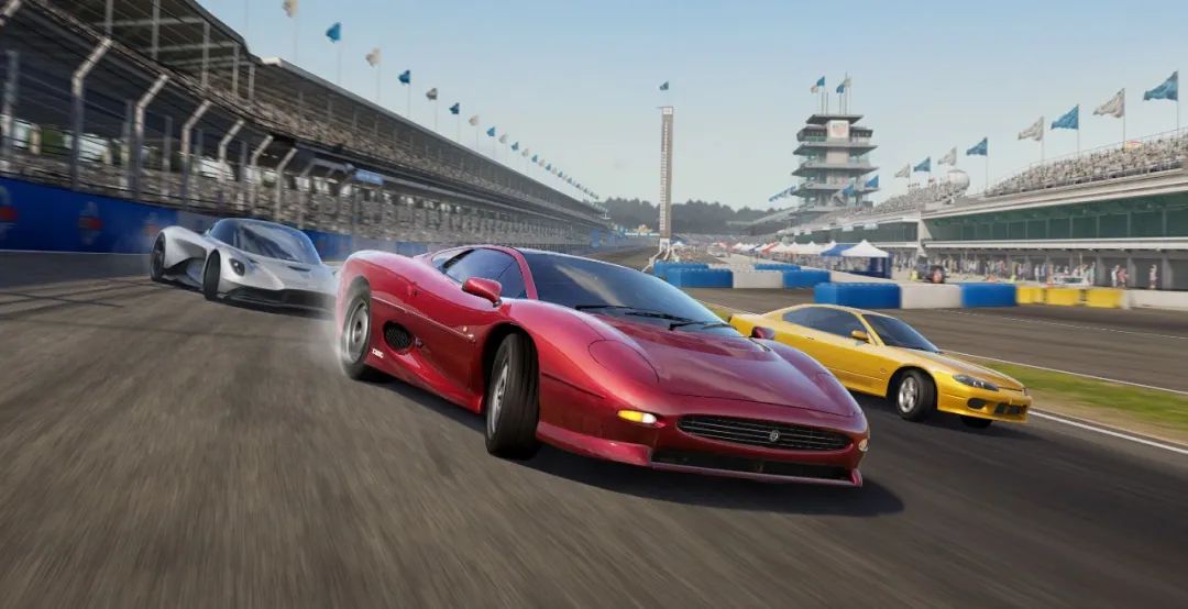 捷豹XJ220在赛道上疾驰，车身反射霓虹灯光，细节刻画精致