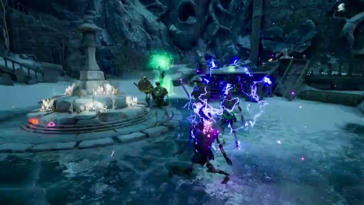 城市远景图，建筑风格融合中世纪与奇幻元素，天空呈现奇异色彩