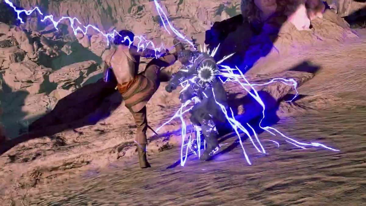 角色穿戴重型盔甲，手持巨剑与巨型怪物对峙，战斗氛围紧张