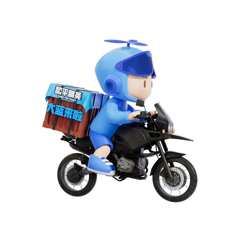 蓝骑士身穿吉利服在街头骑行，电动车贴满和平精英元素贴纸，吸引路人围观拍照