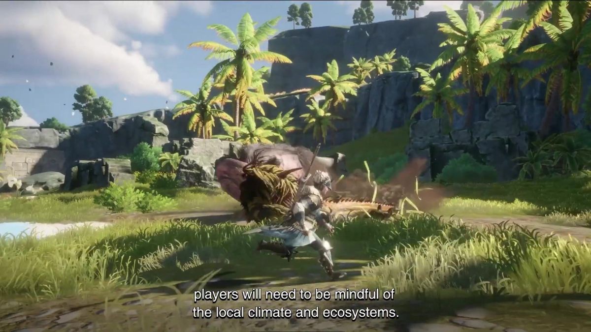 玩家小队三人协作围攻一只水兽，展现多人联机狩猎玩法