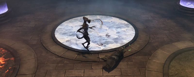 《上古卷轴4：湮灭重制版》中玩家释放召唤法术，魔人领主从紫色能量漩涡中现身，周身环绕着暗红色符文，场景充满魔法氛围