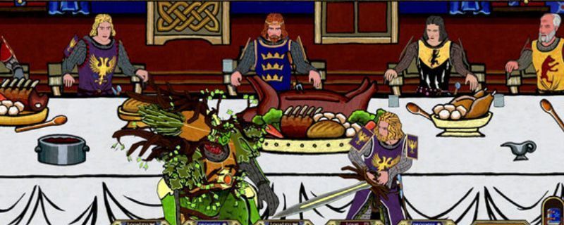 《圆桌传奇》游戏主界面展示，中世纪风格城堡背景，角色身穿铠甲持剑而立，整体画面充满史诗感