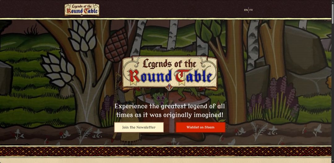 《圆桌传奇》官网截图，展示首页的骑士剪影与动态背景，导航栏包含新闻、角色、故事和媒体等选项