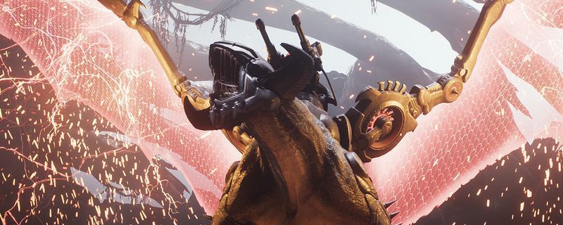 《毁灭战士：黑暗时代》游戏实机画面，主角手持双枪在地狱场景中与恶魔激烈交火，光影效果震撼