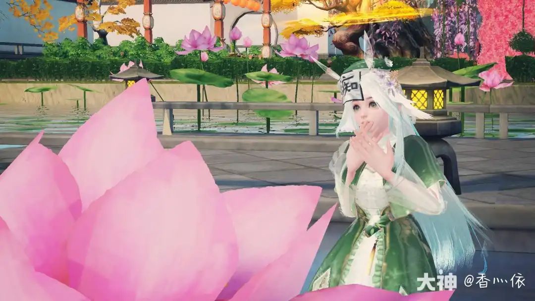 香灬依少侠站在荷塘边，望着盛开的荷花，双手轻捂嘴唇露出惊叹表情