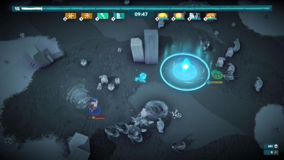 Boss战场景，巨大腾兽‘毒雷鳄’释放雷电攻击，玩家角色在地面闪避并释放终极技