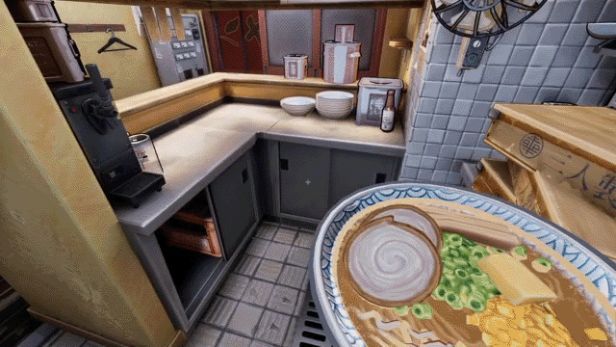 玩家正在游戏中布置餐厅内部，墙上挂着日式灯笼，桌上摆放着木质餐具，整体风格温馨复古