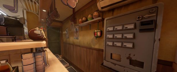 玩家角色正在用拖把清理地面，背景中有顾客坐在桌边用餐，厨房内锅具冒着热气