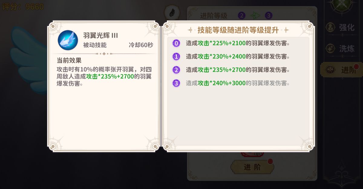 羽翼进阶对比图，左侧为初始朴素羽翼，右侧为高阶流光羽翼，展现显著视觉升级