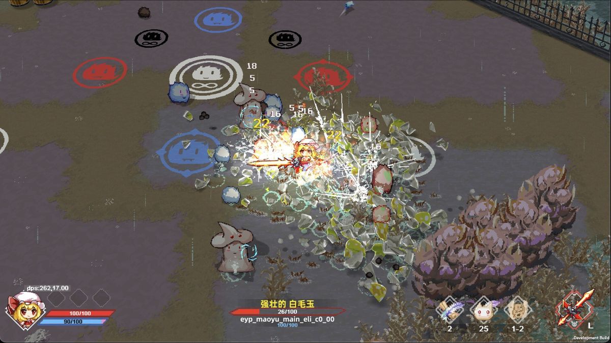 芙兰朵露在竹林场景中挥剑斩击毛玉，背景有碎裂的木桩与飞溅的光影特效