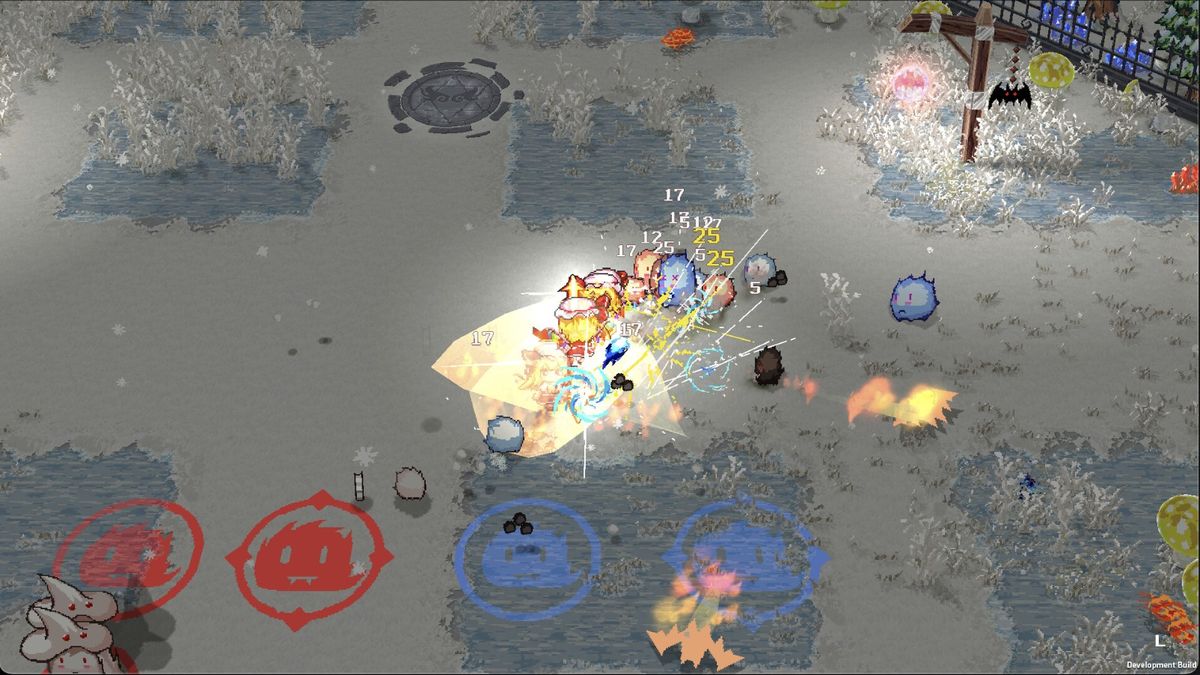 芙兰与大型毛玉BOSS对峙，地面布满裂痕，气氛紧张