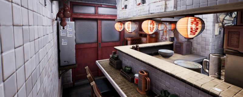 《拉面店模拟器》游戏主视觉图，展示温馨的日式拉面店内景，厨师正在灶台前忙碌，热气腾腾的面条摆在木制托盘上