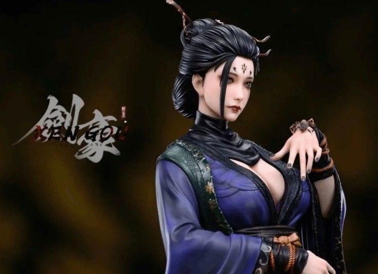 黑神话四妹饭制手办正面展示，身着华丽服饰，姿态优雅，背景为暗红色调中式场景