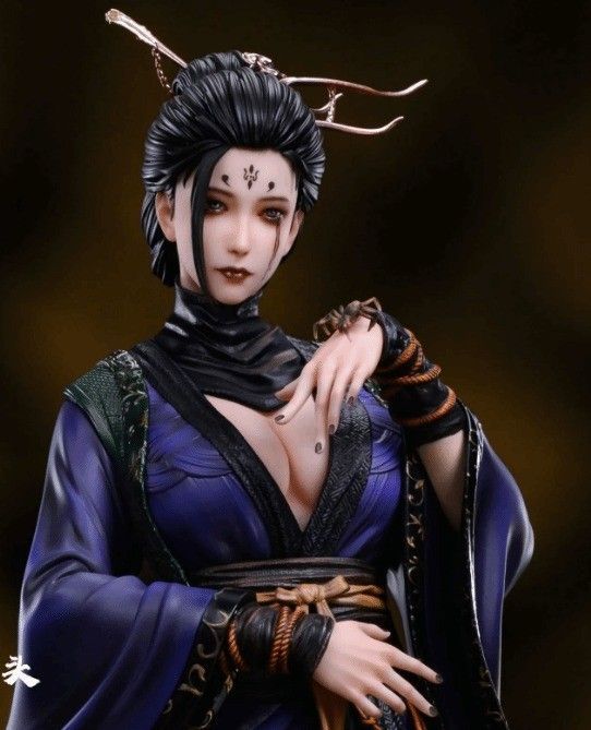 四妹手办更换丝质服饰的侧面特写，衣料垂感真实，发型与妆容精致