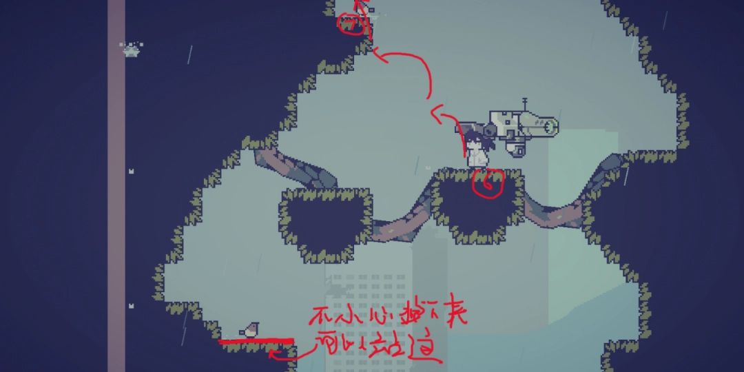 狭窄平台上的角色小心翼翼跳跃，背景显示前后平台间距较大，突出难度