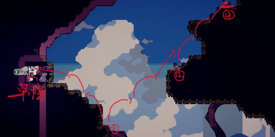 分叉路口示意图，左侧通向草帽收集点，右侧通往顶层平台