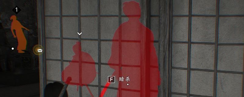 游戏角色手持武士刀潜伏在日式障子门外，准备发动隔门暗杀的紧张瞬间