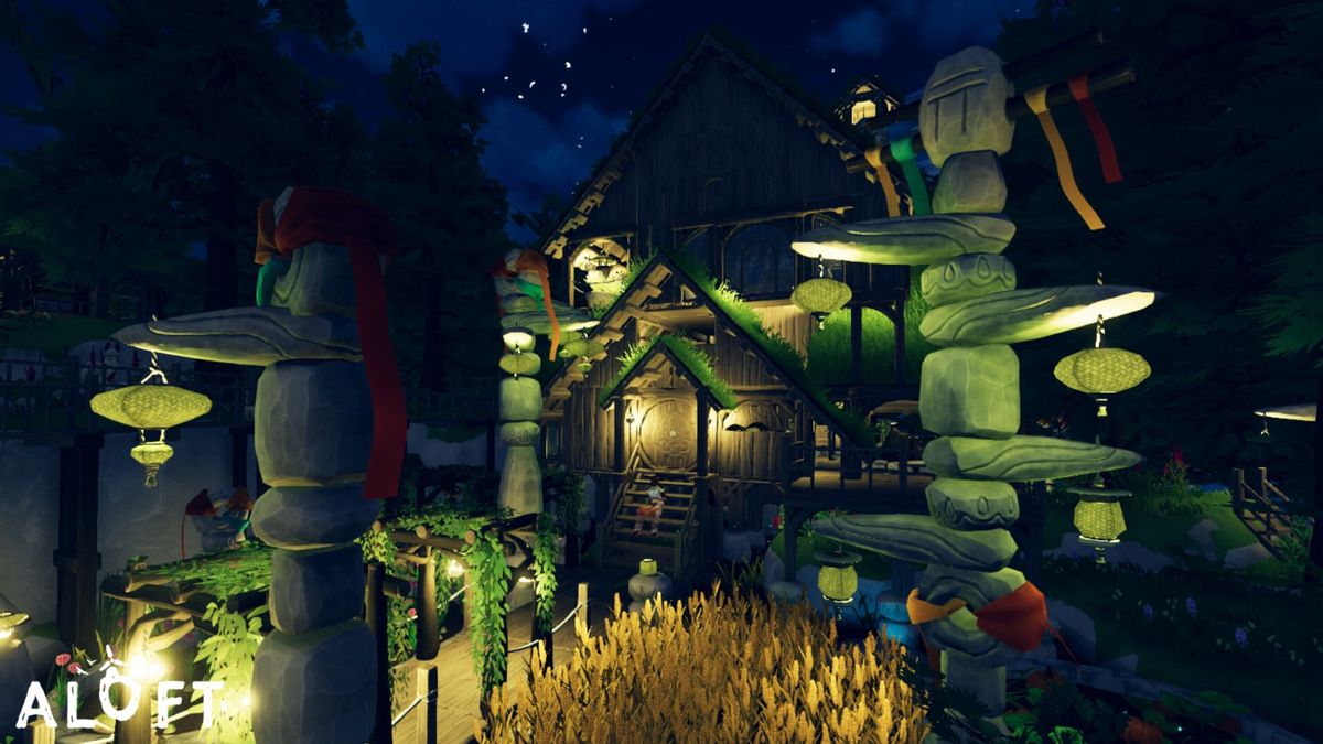 玩家驾驶由岛屿改造的飞行船在云层中穿行，背景是夕阳下的浮岛群，船体挂满风帆，空中有飞鸟环绕