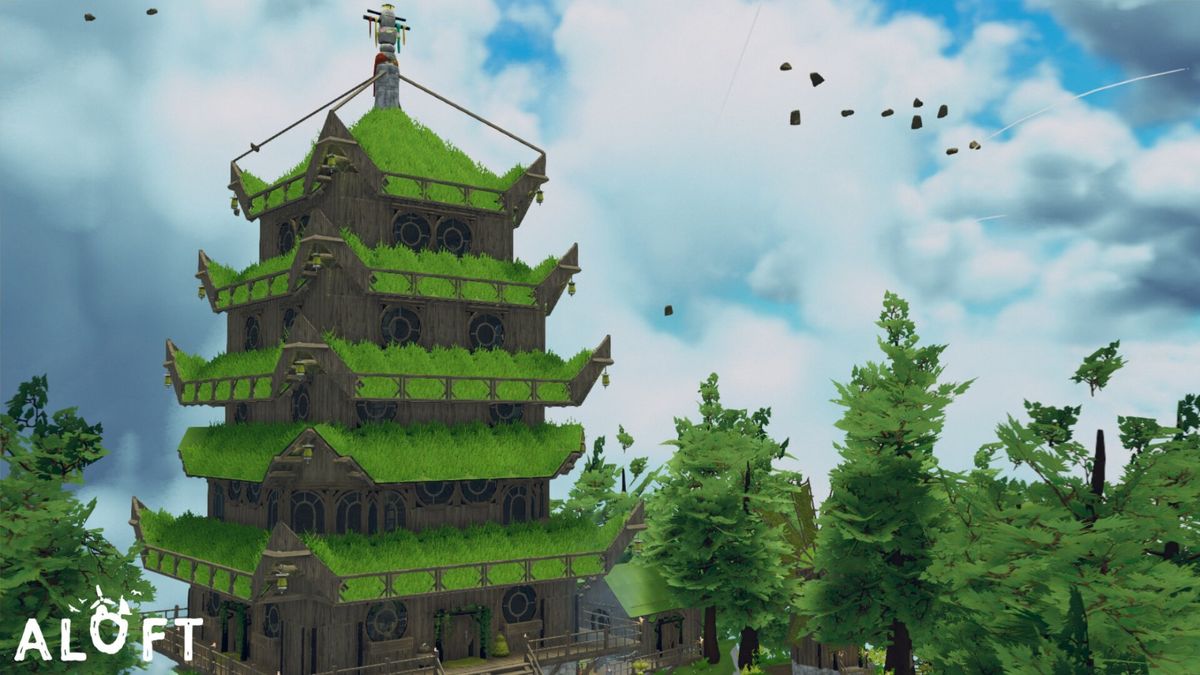 玩家在浮岛上建造的空中家园，包含花园、风车、木屋和动物围栏，整体设计温馨而富有生活气息