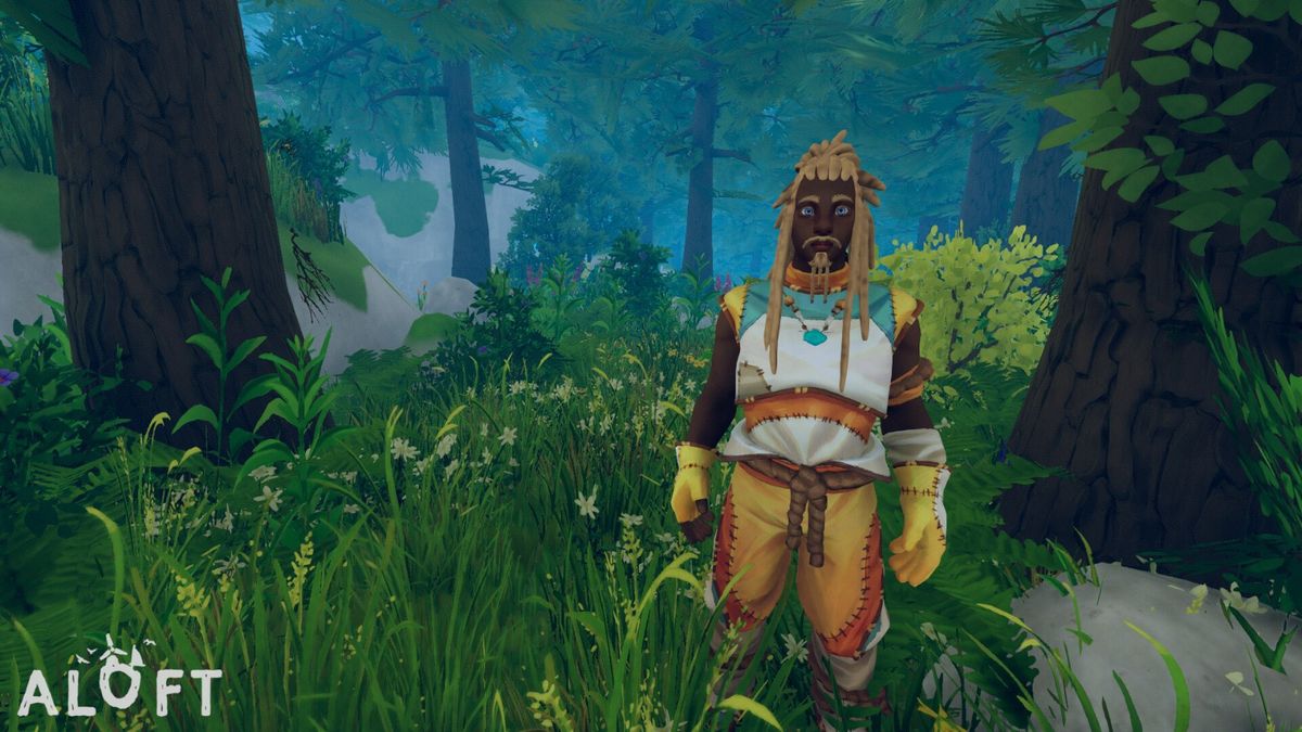 两名玩家合作操控一艘大型空中飞船，一人掌舵，另一人调整帆索，背景是雷暴天气