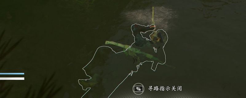 玩家角色奈绪江站在浅水中，周围环境为日式庭院池塘，背景可见传统木屋建筑