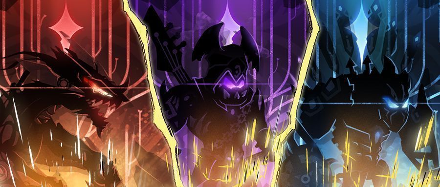 「天选时刻」卡池界面，三位可选怪兽环绕中央召唤阵