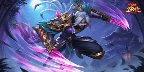 张郃新皮肤展示，身着黑色夜行衣，手持短刃潜伏于阴影之中，眼神凌厉