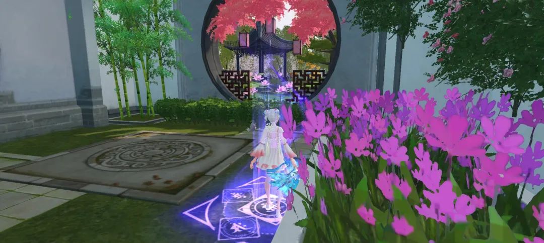 家园全景视角，一座典型的苏式园林布局，拱门、绿竹与远处的凉亭构成诗意画面