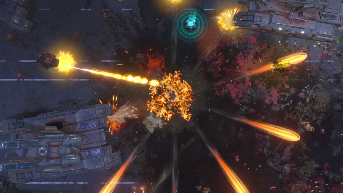 主角孤独站立在废墟之上，背后是燃烧的城市与血色天空