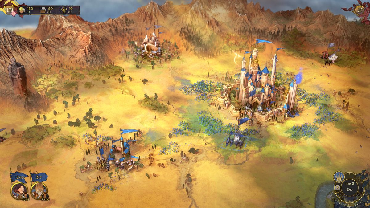 游戏内阵营选择界面，三个不同风格的势力徽章并列展示，各具文化特色