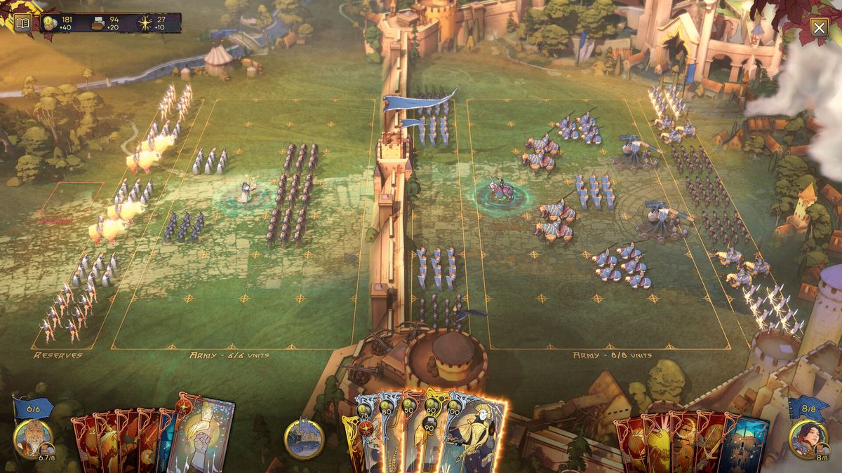 游戏风景远景图，夕阳下的城堡群与藤蔓缠绕的石柱，充满慕夏风格的装饰线条