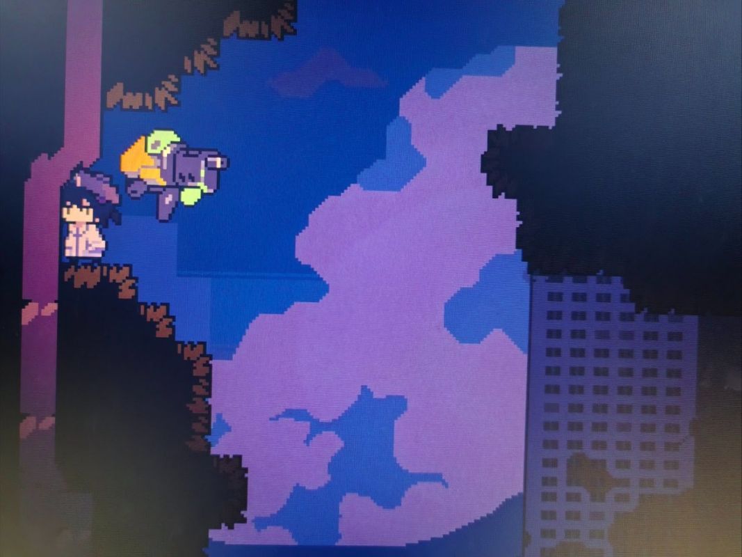 角色在空中二段跳的瞬间，身体呈上升姿态，右侧为下一个叶片落点