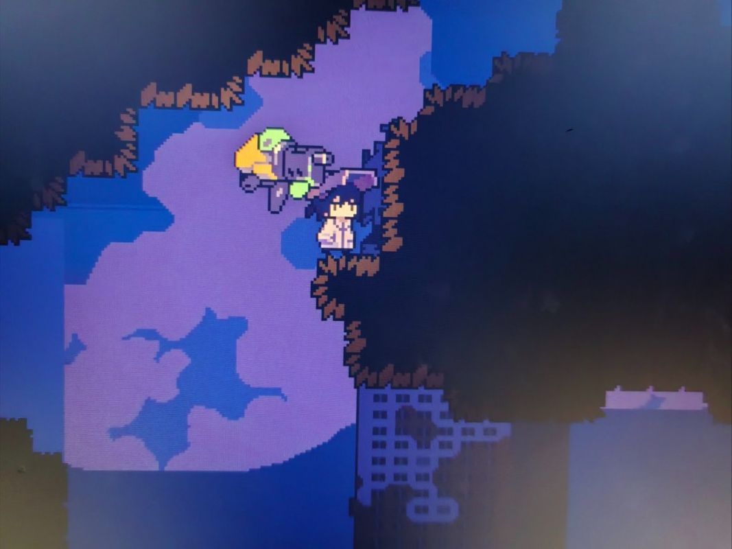 角色成功落在中间平台，脚下叶片微微颤动，背景为深谷与远处山脉