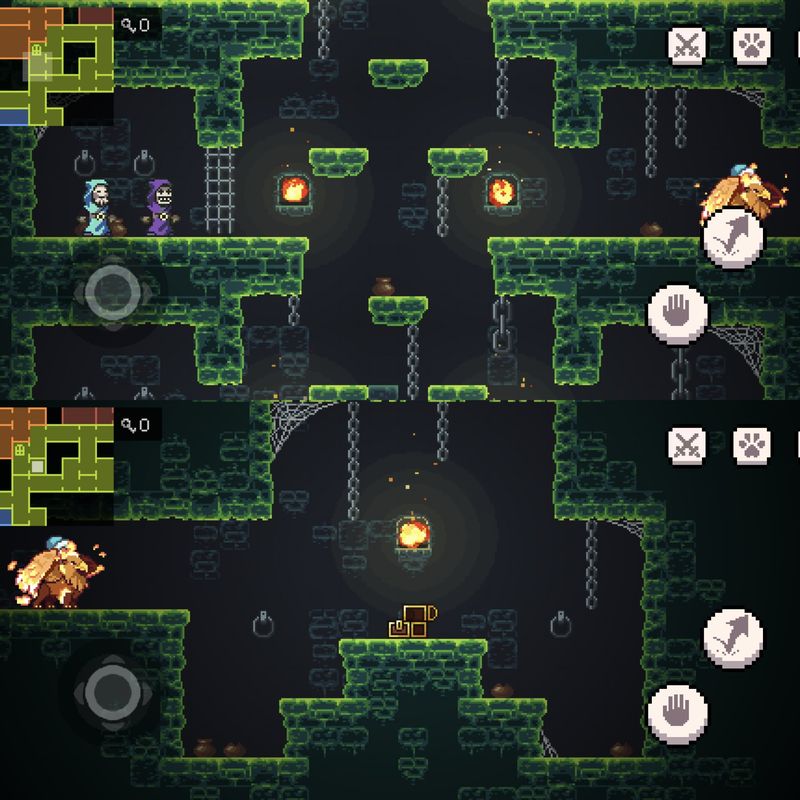 地牢战斗场景中，哥布林角色在多个敌人间灵活走位，持续输出