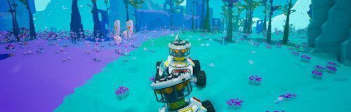 动态展示角色驾驶探测车穿越裂谷，周围风暴肆虐，车辆释放防护罩抵御冲击