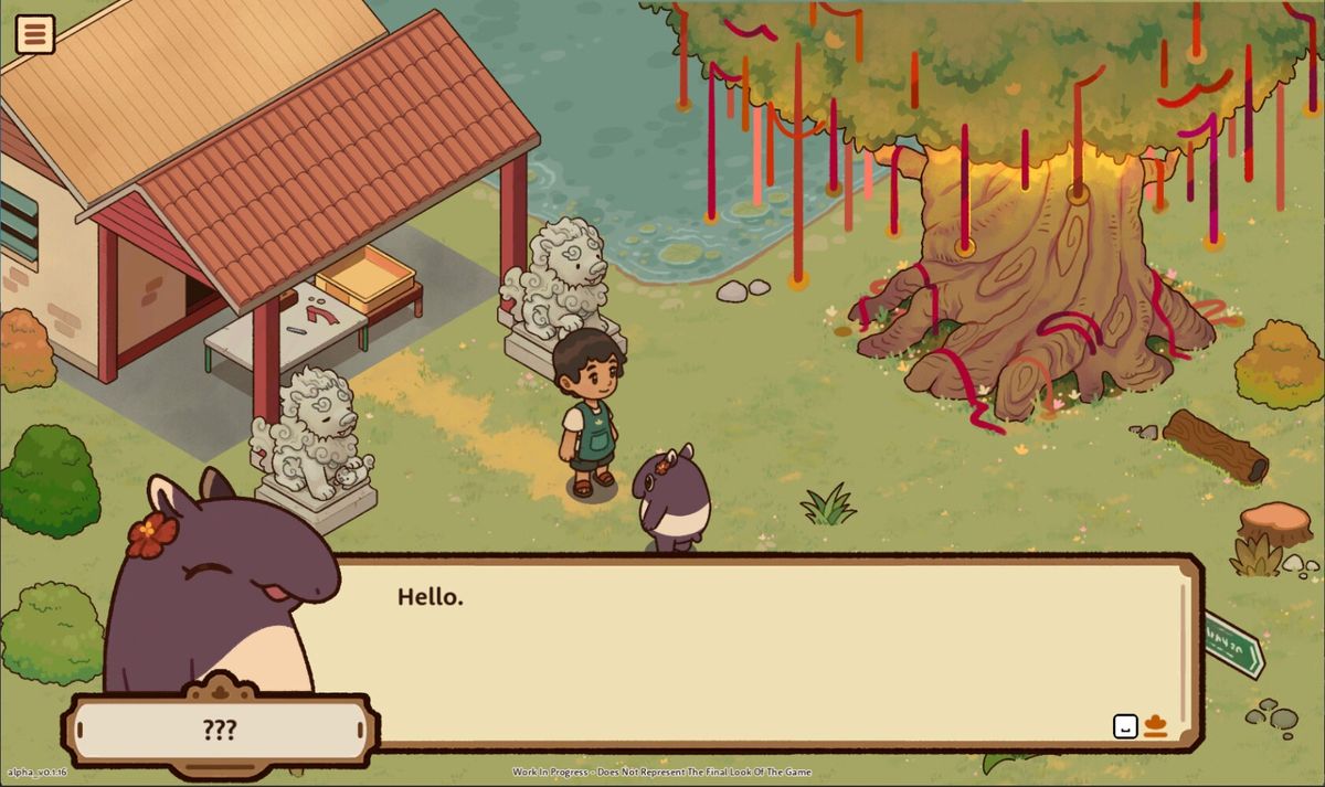 游戏内角色互动场景，玩家角色与一只拟人化的狐狸服务员在厨房中协作准备甜点，桌上摆满色彩缤纷的传统糕点