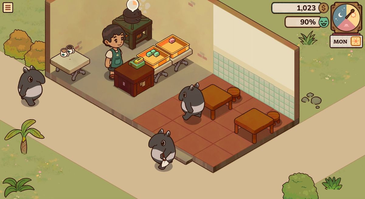 玩家在异世界街道行走的画面，背景是一座发光的许愿树，树上挂满写有愿望的红色布条，周围漂浮着微光粒子