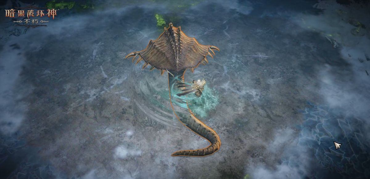 雾刃与巨型BOSS对决，幻象分身环绕四周，技能连击打出高额伤害，战场被风暴与水流笼罩