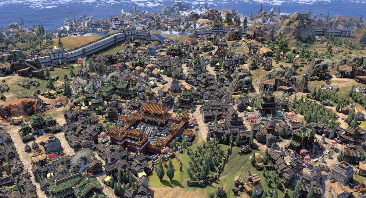 《文明7》中明朝文明的宣传画面，展示紫禁城与长城的宏伟景象，背景为古代中国风格的山河图景