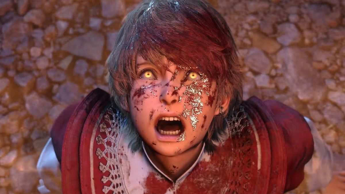 《最终幻想16》PC版游戏封面，主角克莱夫手持火焰巨剑，背景为崩塌的魔法帝国城市场景